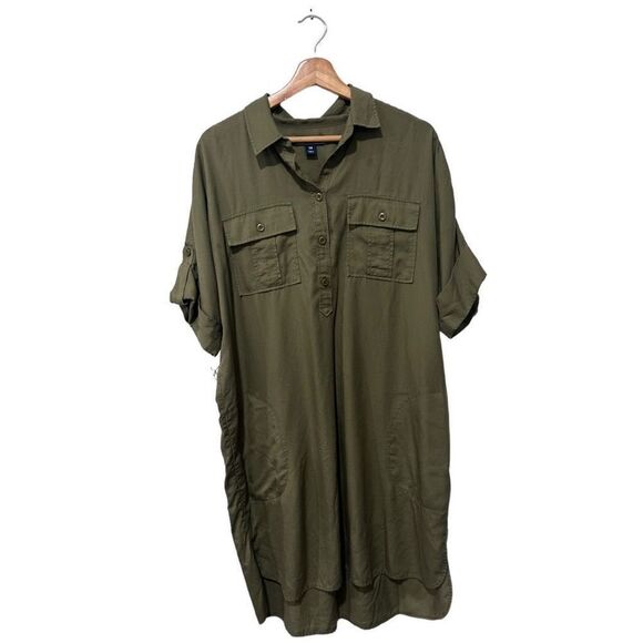 Lands' End Short Sleeve Pocket Olive Green Collared Midi Dress Size 14 Spring - Picture 1 of 10